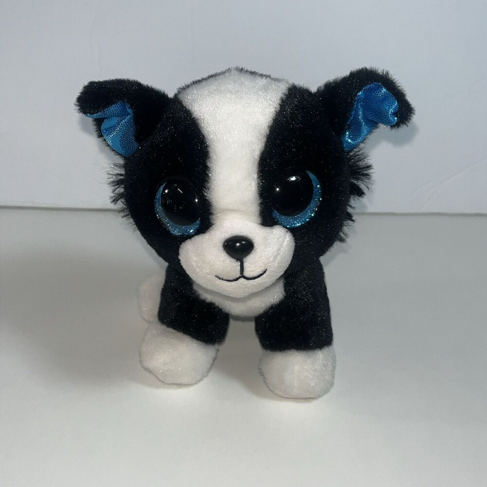 Zuru Plush Puppy Dog White Black Blue Glitter Eyes 7" Stuffed Animal Toy